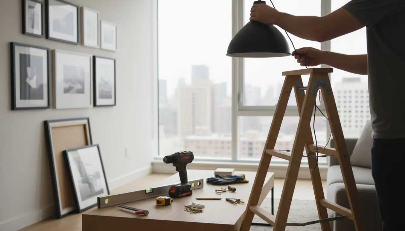 En person justerer en loftslampe mens billeder og værktøj ligger klar i en lys lejlighed.
