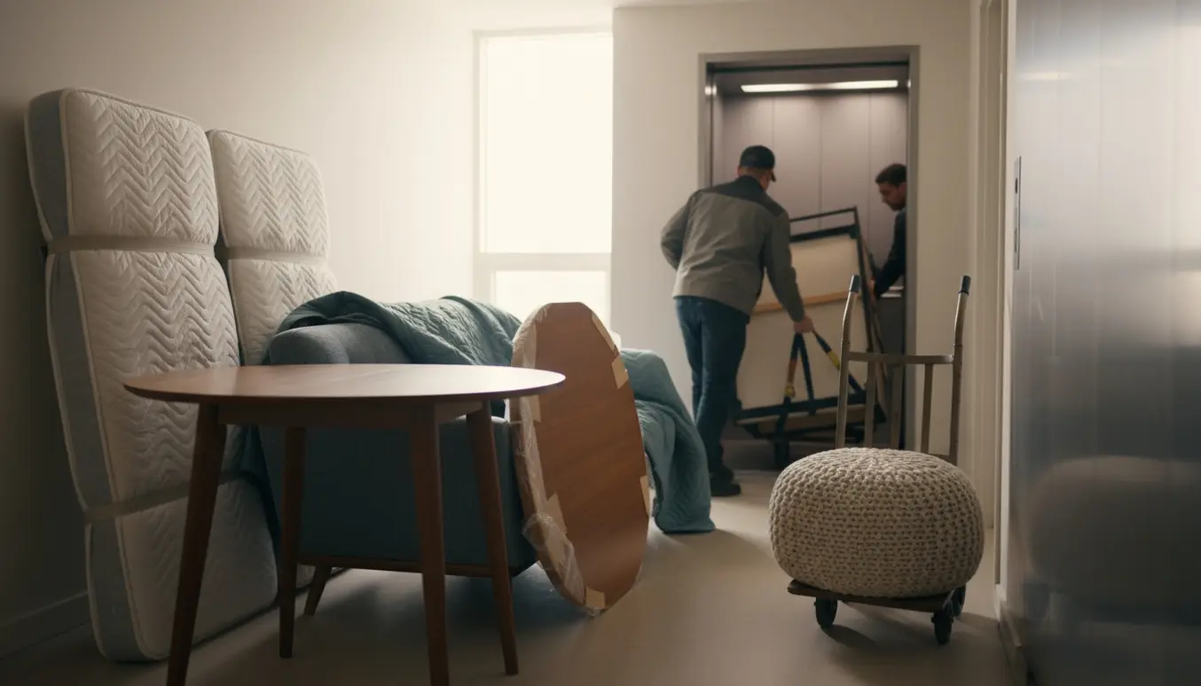 Flyttefolk fører indpakkede senge, sofa, rundt spisebord, puf og en daybed ind i en elevator i en lys opgang.