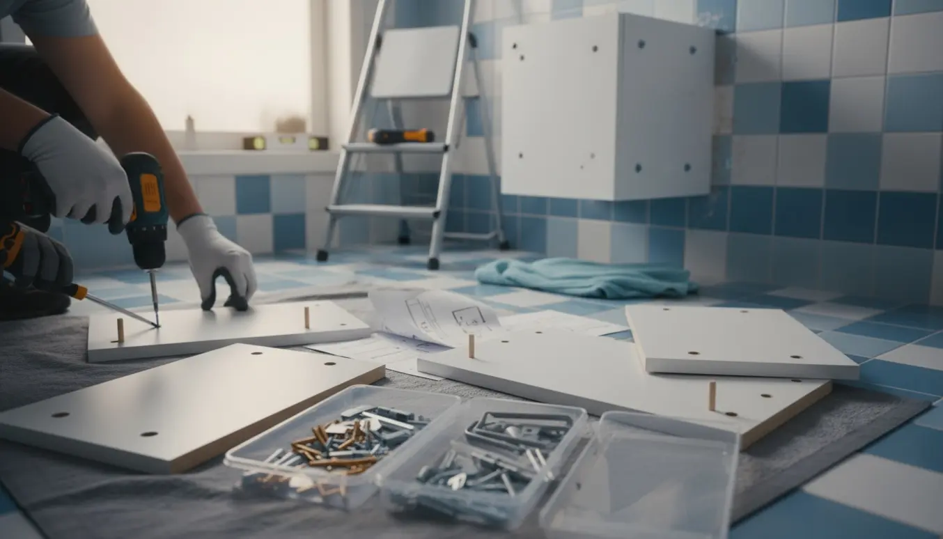 Et lille fladpakket badeværelsesskab samles på fliserne, mens et væghængt toiletskab skrues ned.