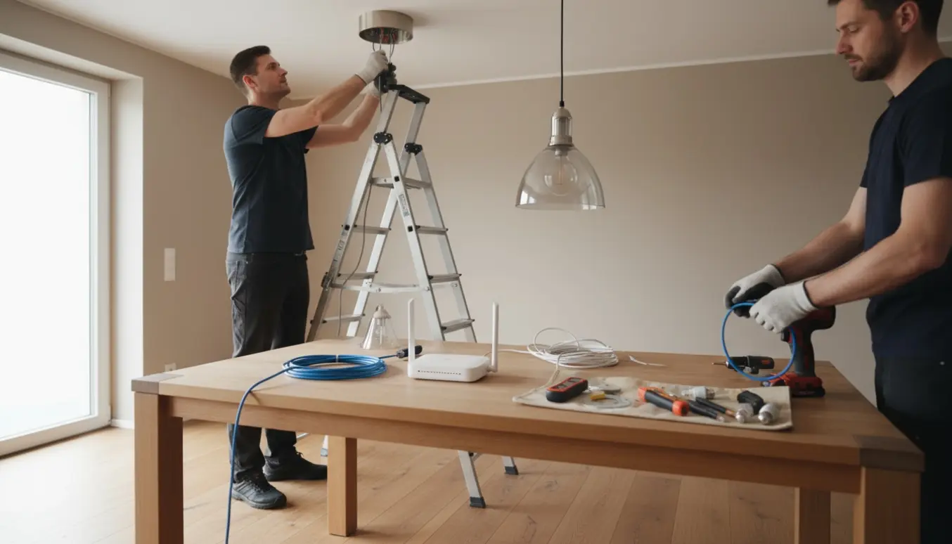 Elektriker på stige justerer loftslamper og flytter en router, kun hænder og ryg synlige.