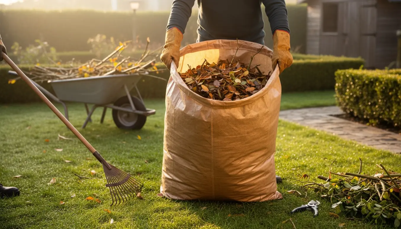 Hænder læsser blade og små grene i en åben haveaffaldspose i en solbeskinnet have.