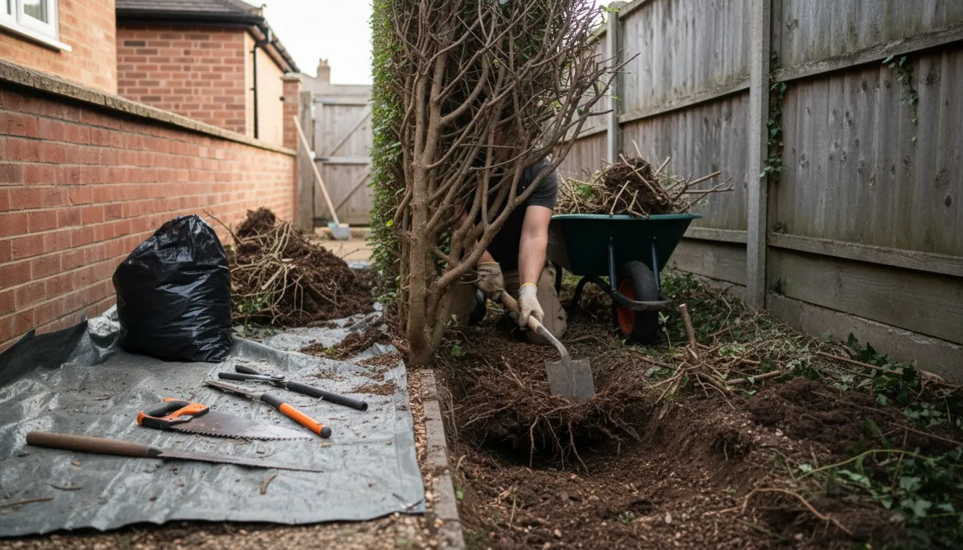 Hænder med handsker fjerner buskrødder med spade i skellet mellem to baggårde, med værktøj og trillebør ved siden af.