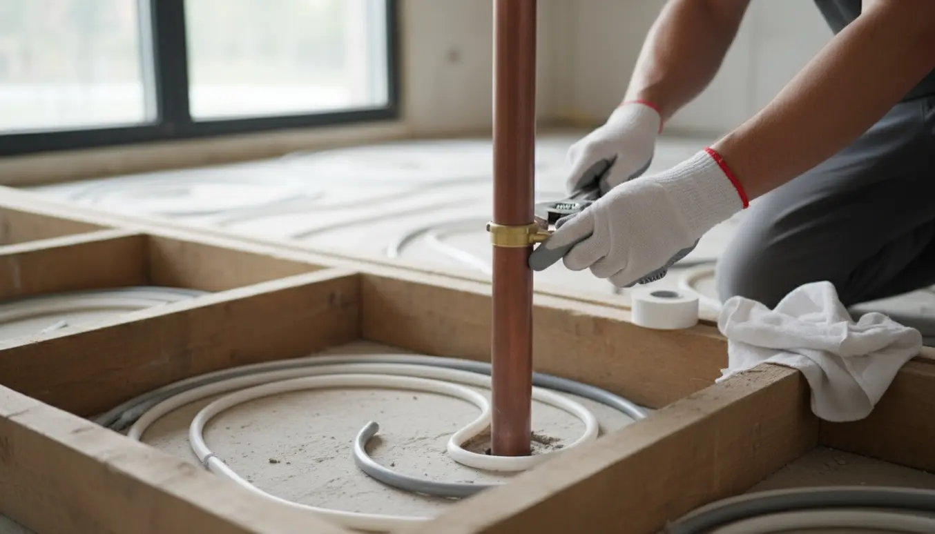 Hænder forsegler et radiatorrør i et rum med fjernet gulv før installation af gulvvarme.