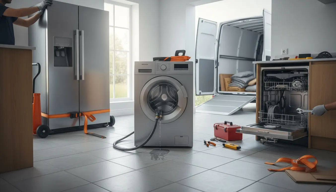 Tekniker afmonterer og gør klar til bortskaffelse af en vaskemaskine, opvaskemaskine og køle/fryseskab i et lyst køkken.