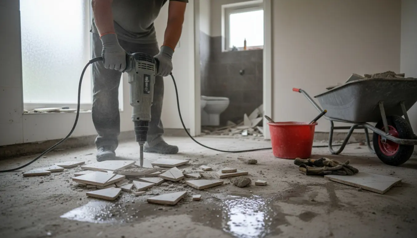 El-mejsel fjerner fliser og beton i et lille vådt badeværelse med affald samlet i en spand.