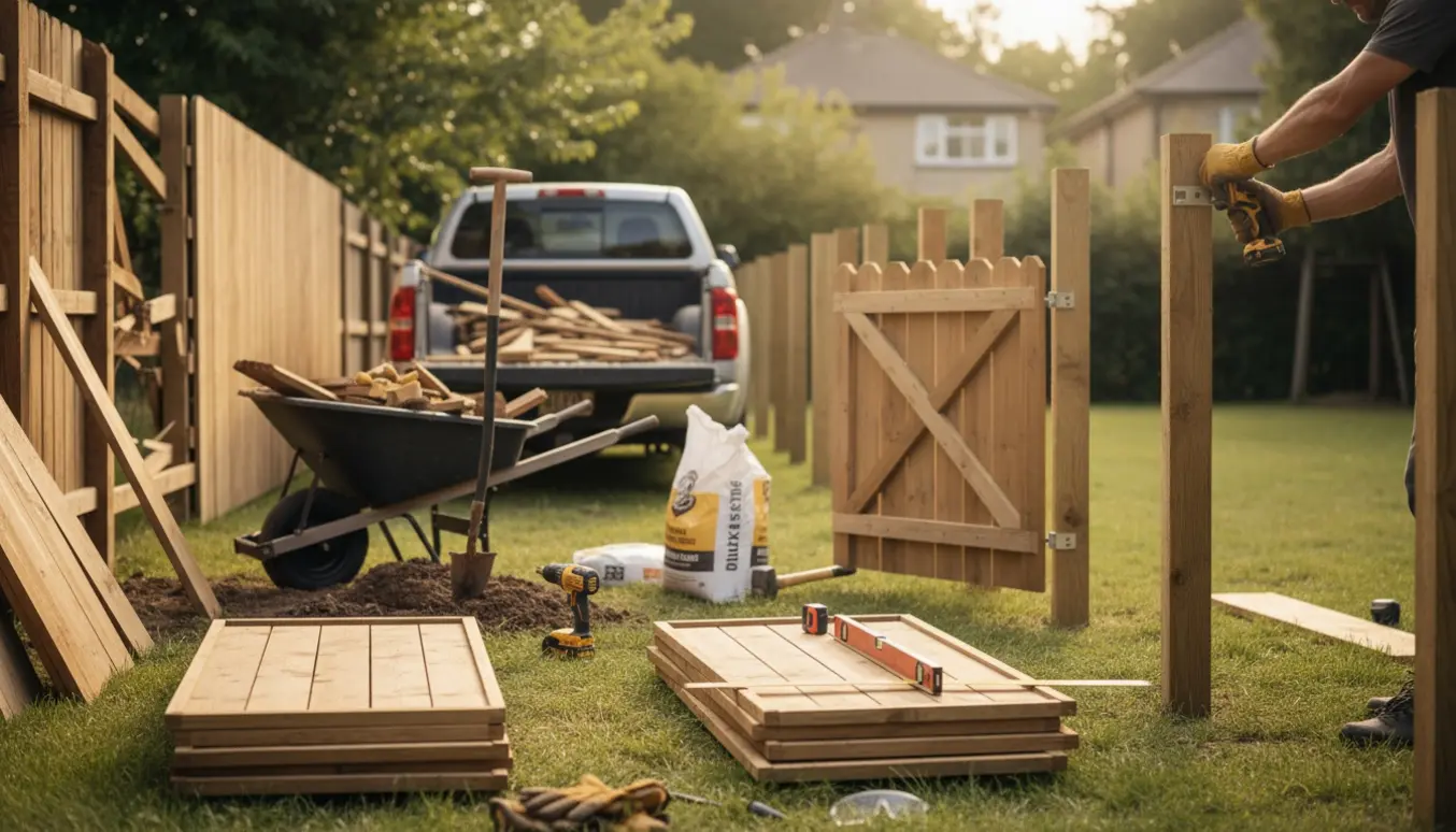 Gammelt hegn er delvist fjernet, nye hegnspaneler, stolper og en havelåge ligger klar i haven.