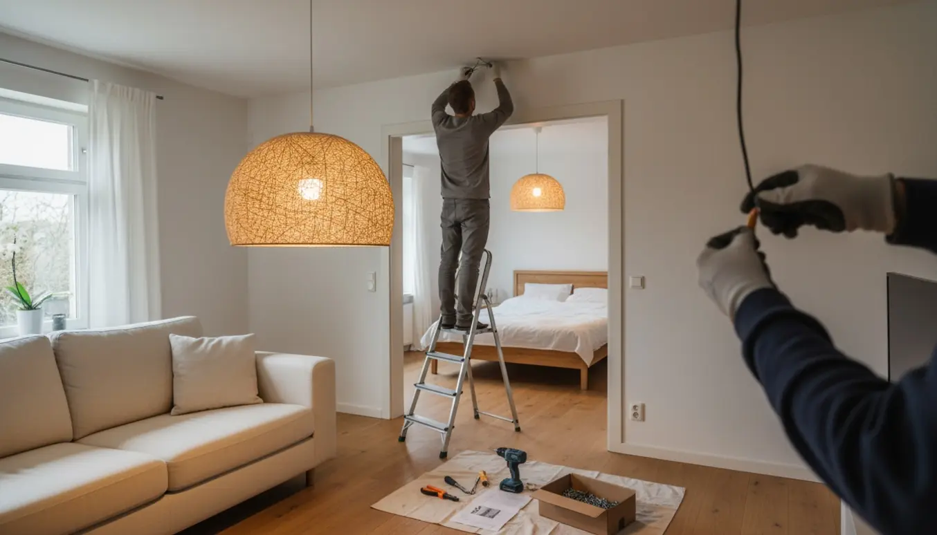 En person på en stige monterer en loftslampe, mens en varm pendel lyser i stuen.