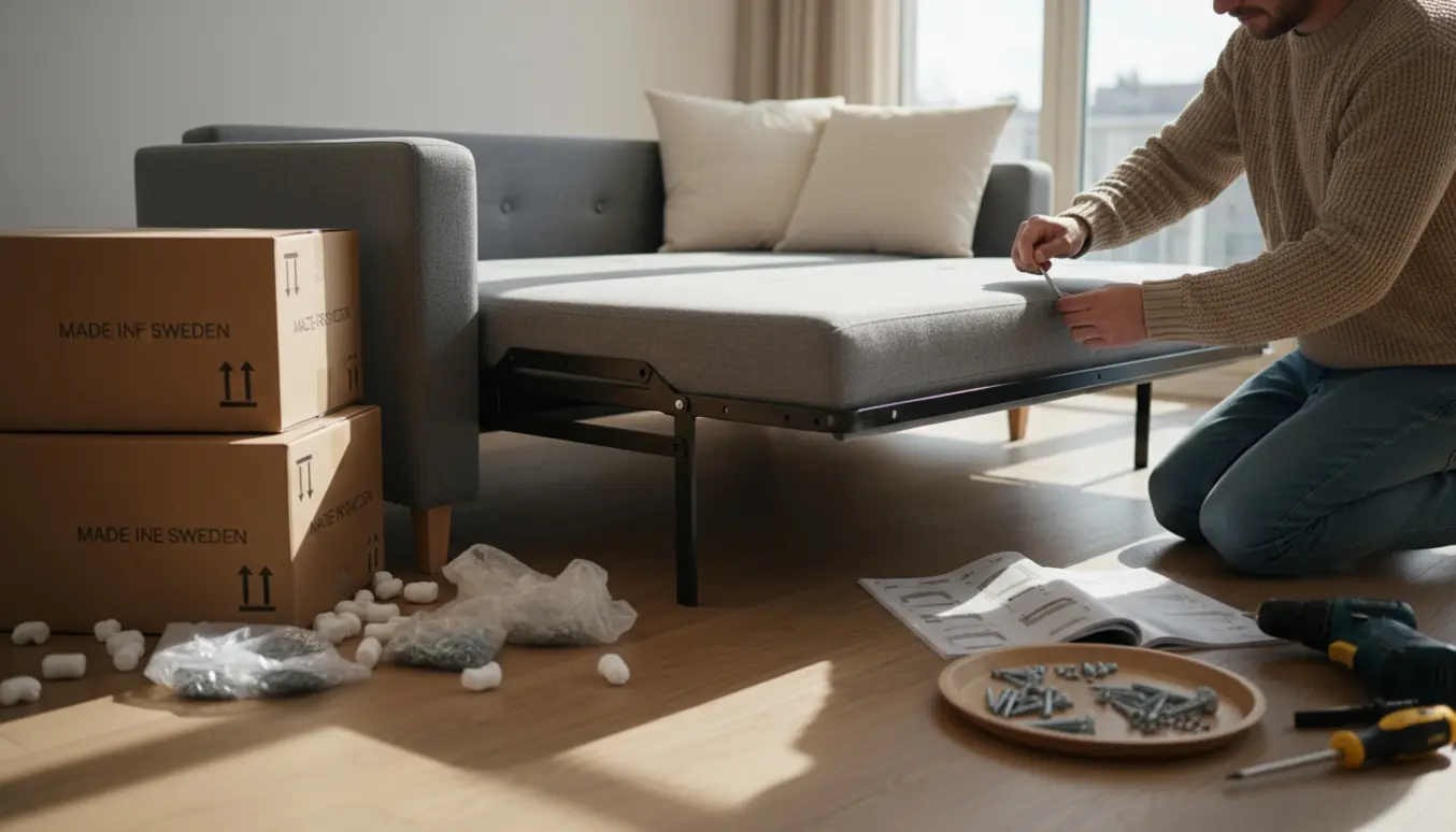 Delvist samlet IKEA sovesofa i stuen med tre udfoldede papkasser og værktøj rundt om, mens hænder strammer en bolt.