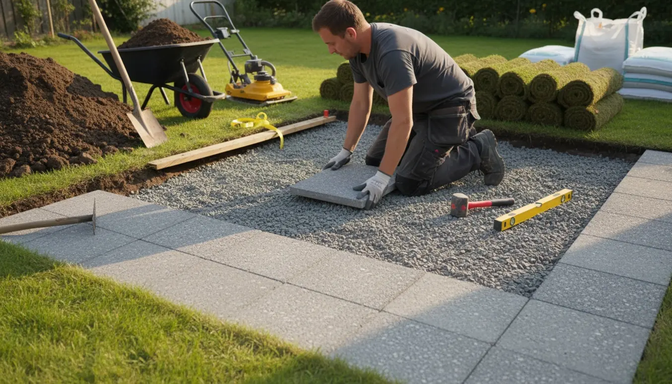 Udgravet 5x5 m område hvor grå 30x30 cm fliser lægges som fundament til orangeri, med værktøj og jord i baggrunden.