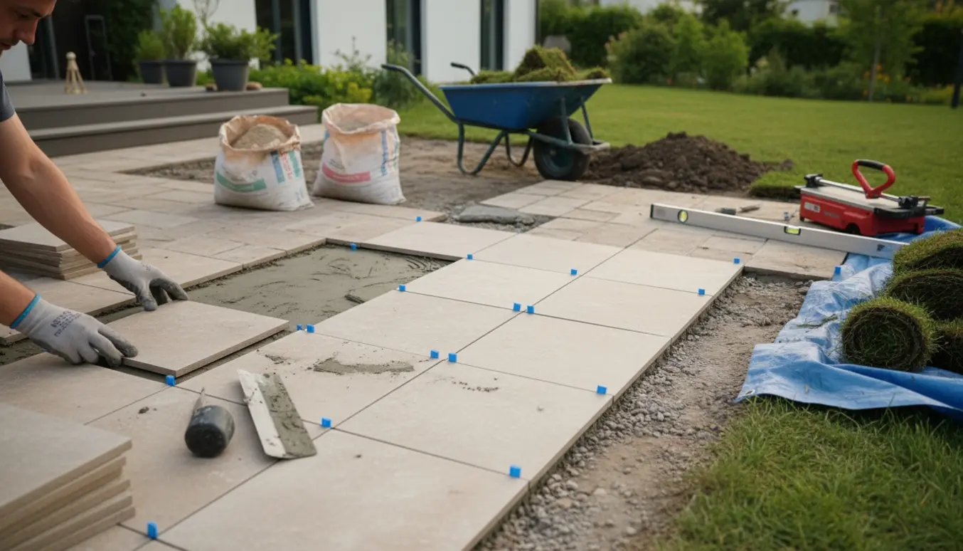 Delvist færdig terrasse hvor 30x30 cm fliser lægges, med værktøj, trillebør og en bunke jord og græs til bortskaffelse.