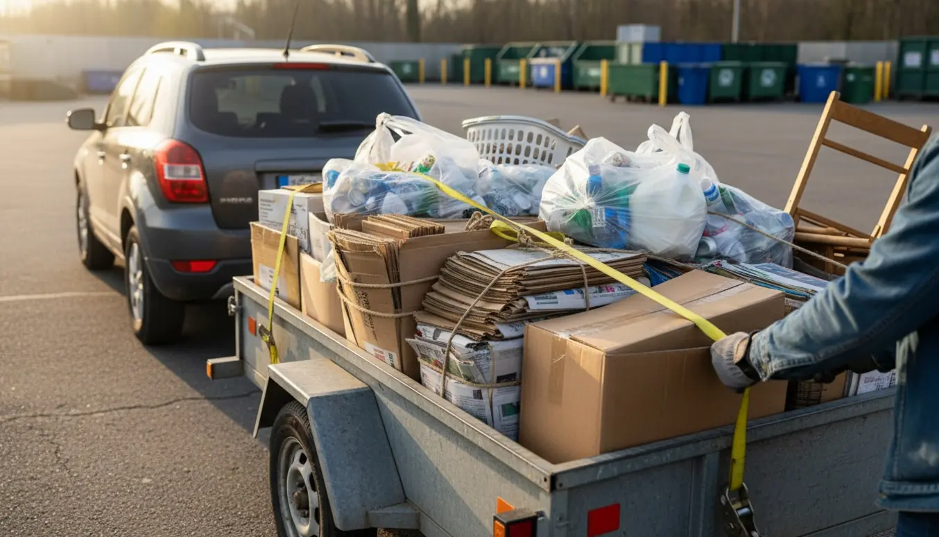 Bil og trailer fyldt med sorteret pap og affald ved genbrugspladsen, en person strammer stropper uden at ansigtet ses.