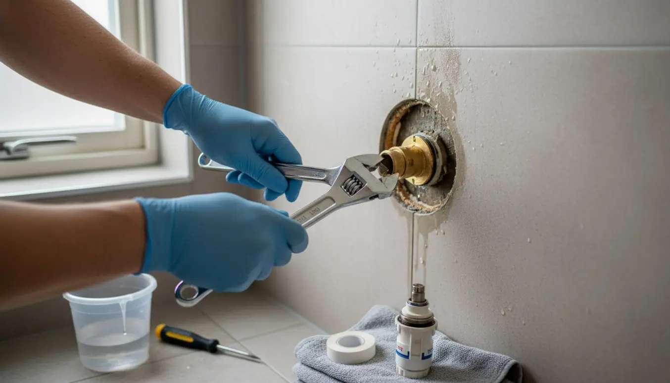 Hænder reparerer et utæt bruseblandingsbatteri bag fliser med værktøj og en spand til dryp.