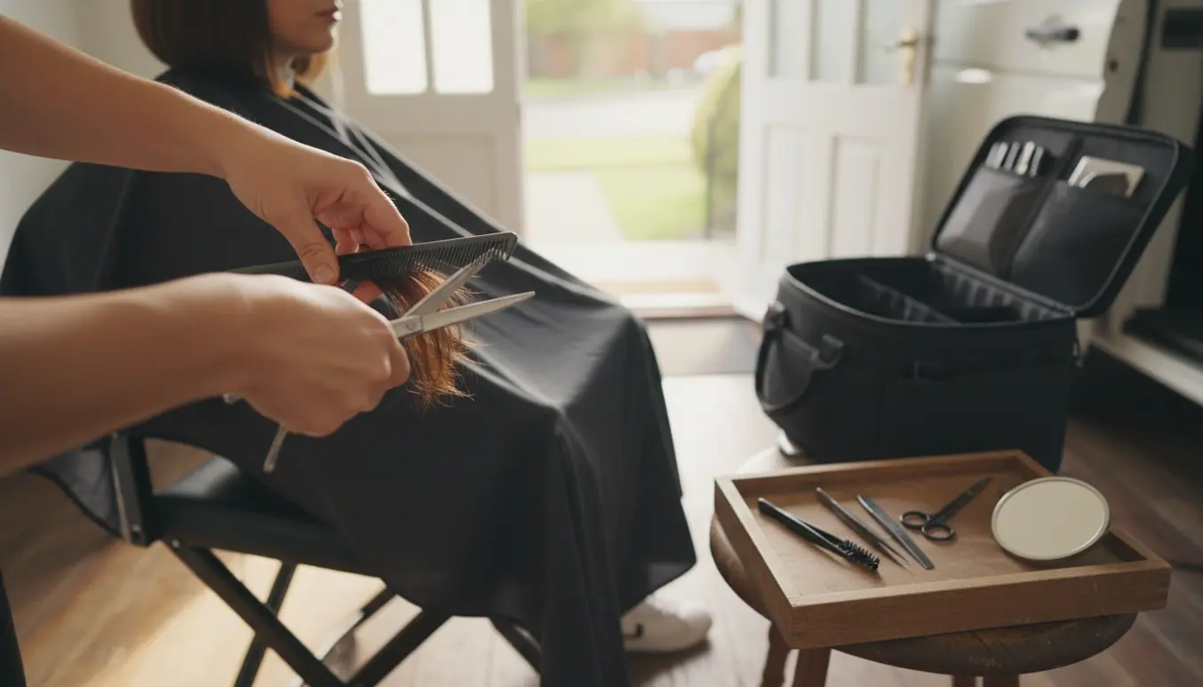 Mobil frisør klipper hår og ordner øjenbryn i et hjem med hænder og værktøj i fokus.