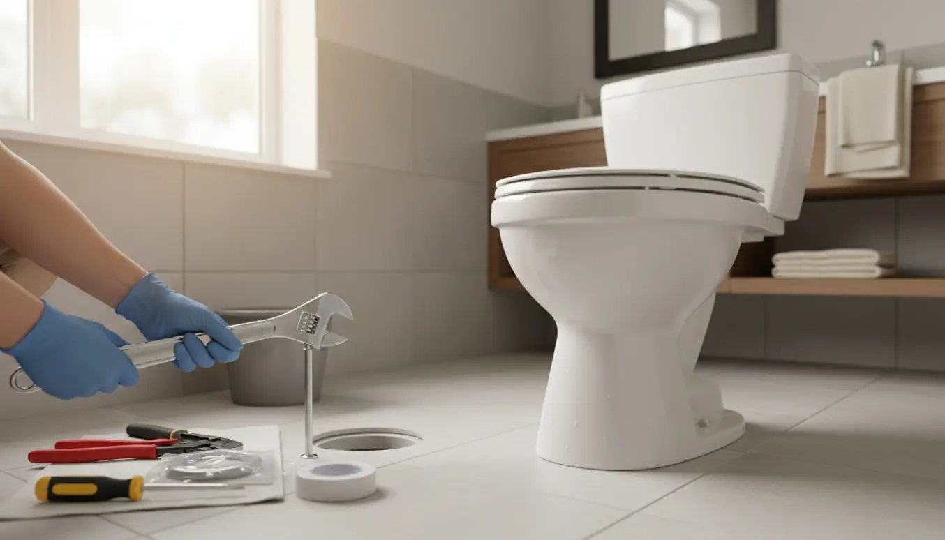 Handskede hænder monterer et nyt hvidt toilet ved en åben gulvflange i et lyst badeværelse.