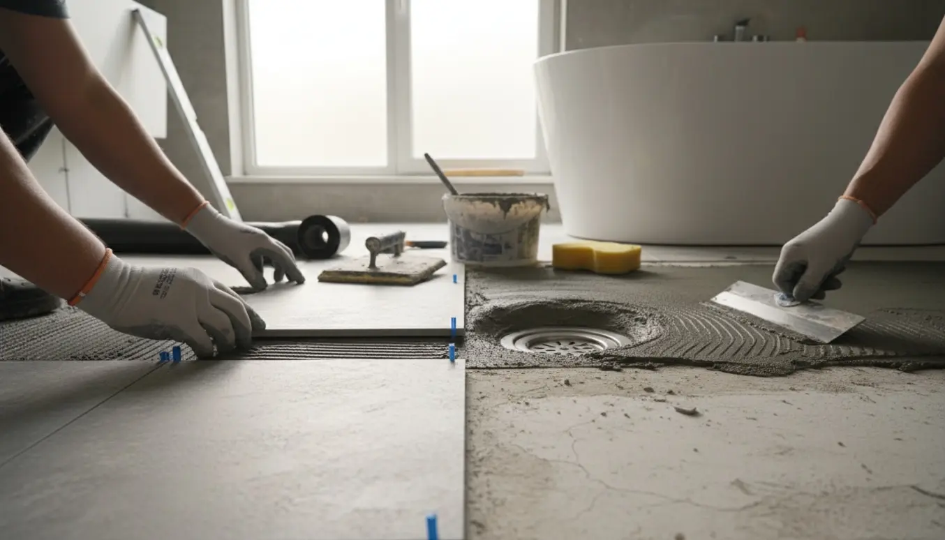 Håndværker lægger fliser og udbedrer microcement med fald mod gulvafløb i et badeværelse.
