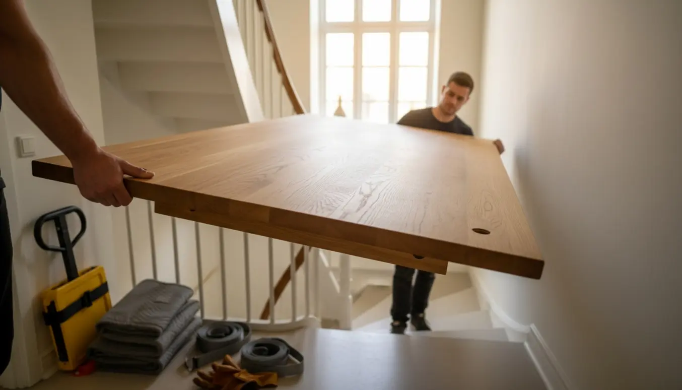 Et stort egetræsspisebord uden ben bæres gennem en lys trappeopgang i København af to personer med flyttetæpper og sækkevogn.