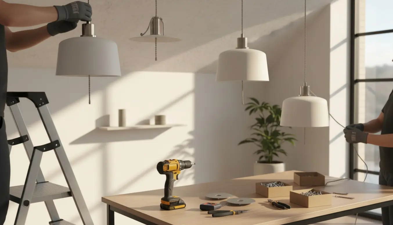 Person hænger fire pendellamper i loftet med stige og værktøj.
