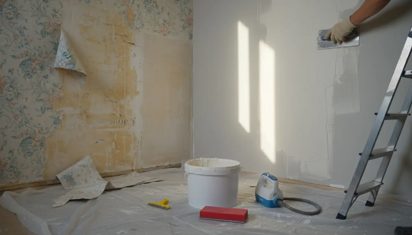 To vægge i et lille rum, hvor tapet er fjernet og væggen spartlet, med værktøj og beskyttelsesdug.