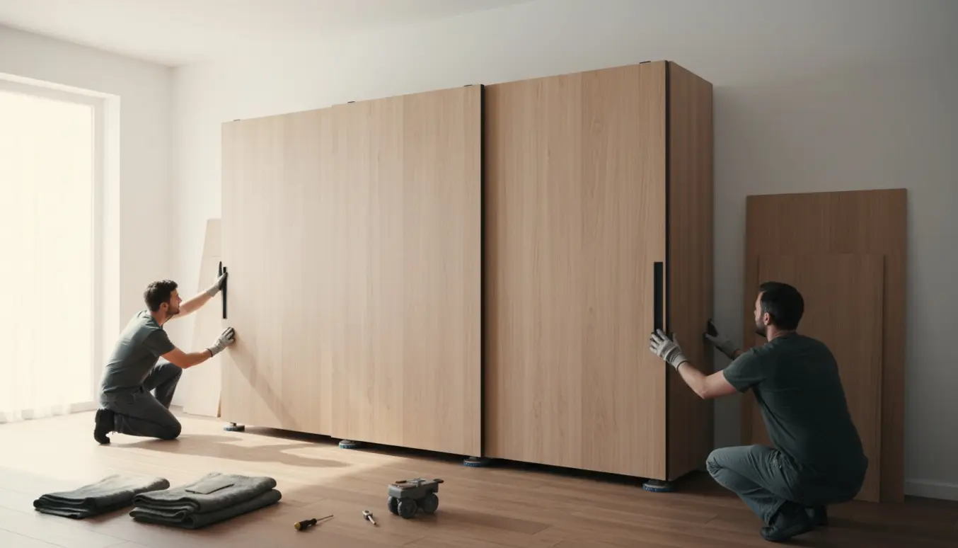 Et langt skab med skydedøre bliver forsigtigt rykket ud fra væggen på møbelglidere med værktøj ved siden af.