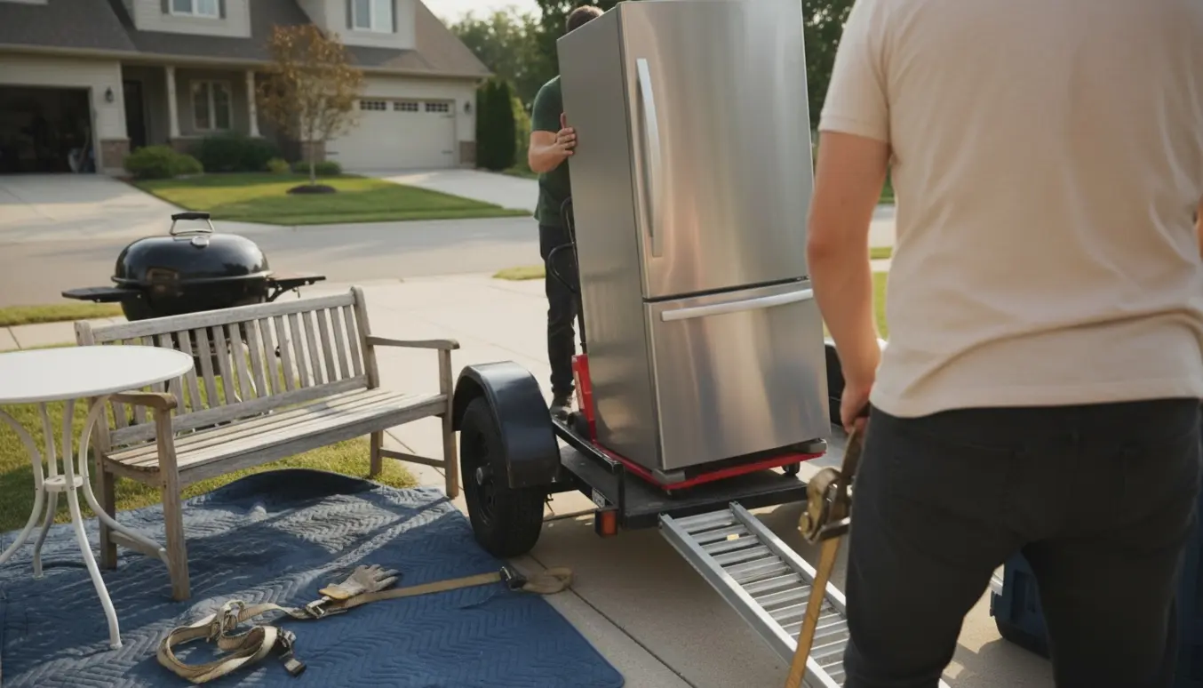 To personer læsser et køleskab, grill og havemøbler op på en åben trailer i indkørslen, ansigter ikke synlige.