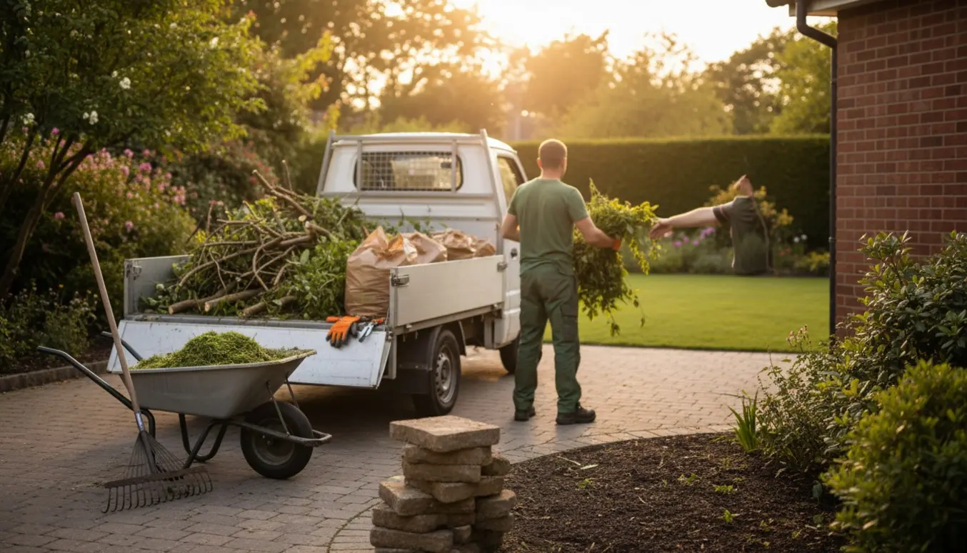 En havearbejder læsser haveaffald i en lille ladbil i en forstadshave med rive og trillebør i forgrunden.
