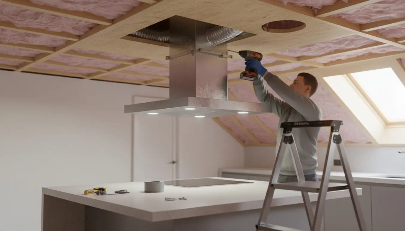 Installering af ventilationsrør til emhætte gennem et åbent loft med værktøj og synlige rør.