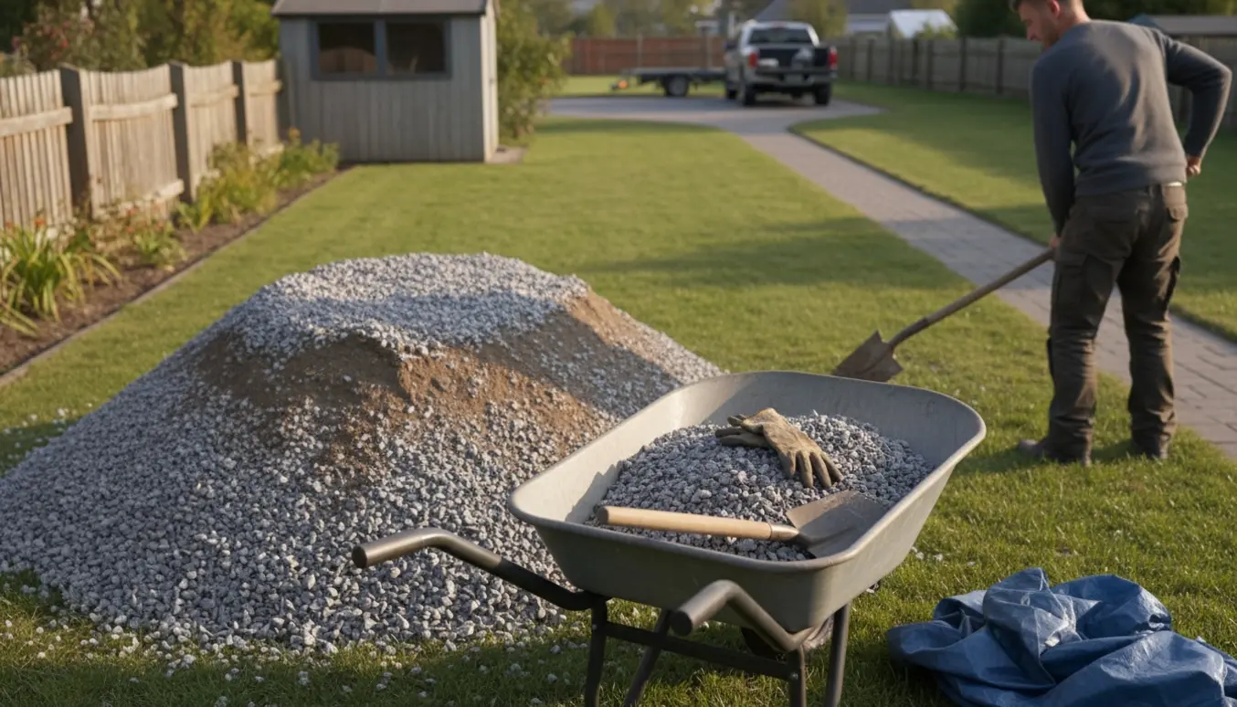 Stor bunke granitskærver med lidt jord, trillebør og skovl i en baghave klar til afhentning.