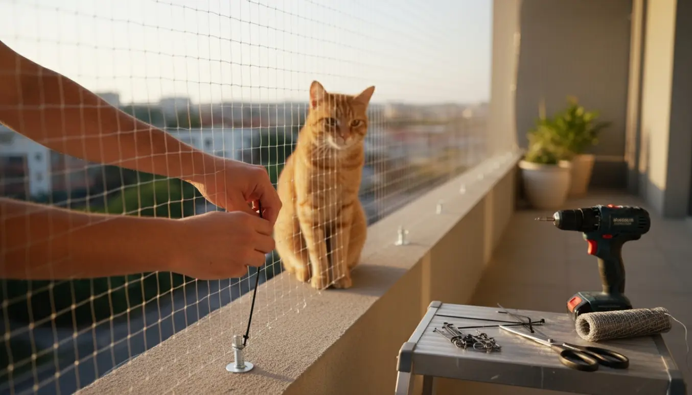 En stor betonaltan hvor et blødt sikkerhedsnet bliver monteret for at forhindre en kat i at stikke af.