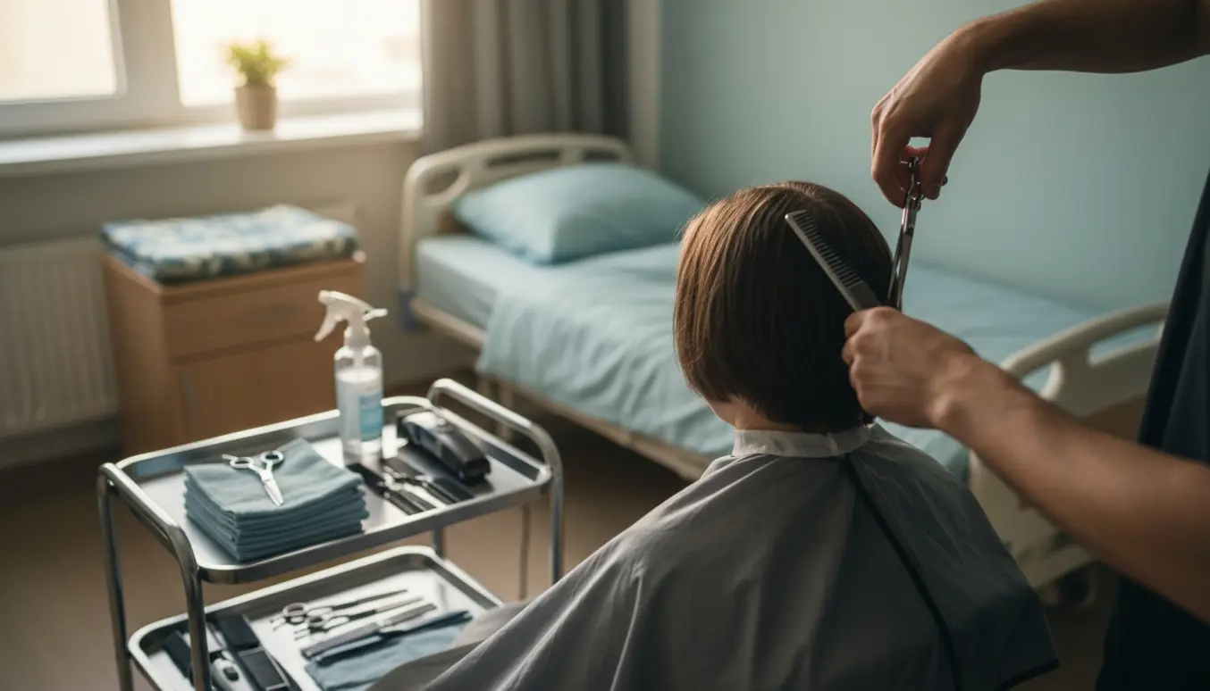 En mobil frisør klipper bagsiden af en indlagt patients hår i et roligt hospitalsværelse.