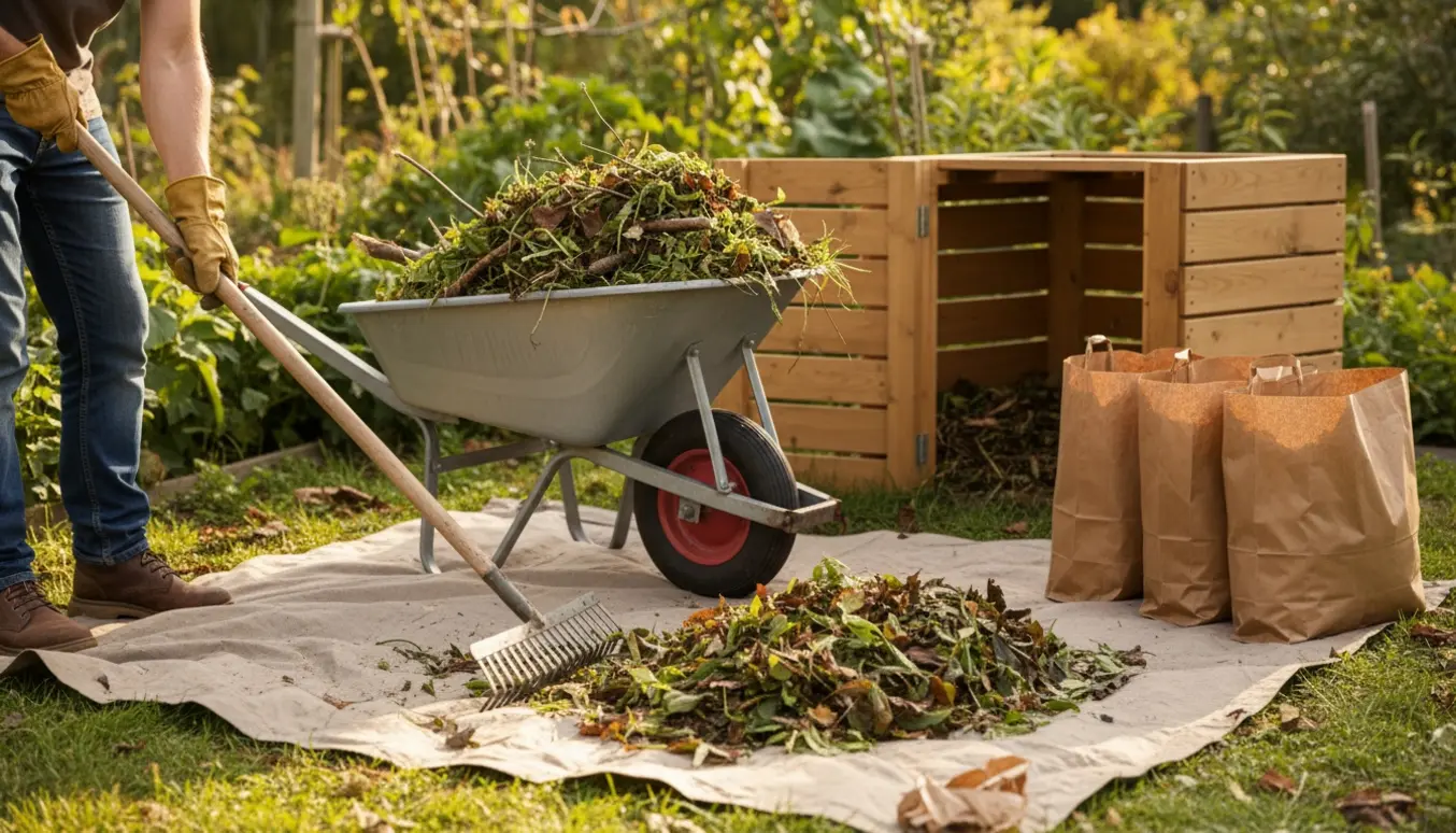 Trillebør fyldt med haverester ved en åben kompostbeholder, en handske‑klædt person river blade sammen.