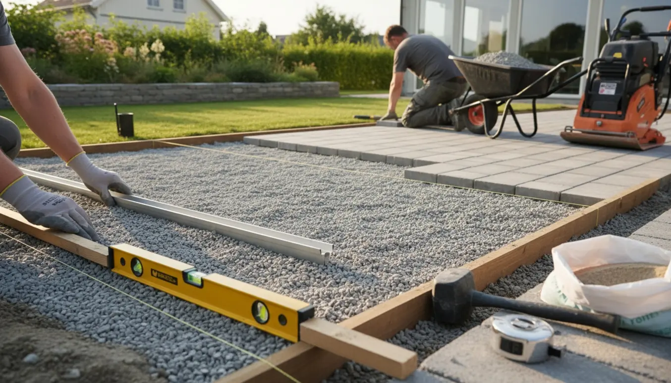 Lægning af havefliser på forberedt underlag med stabilgrus, stak fliser og værktøj i en solrig have.