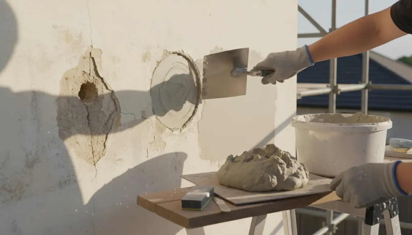 Nærbillede af hånd med murske, der reparerer huller i en pudset husfacade med frisk mørtel.