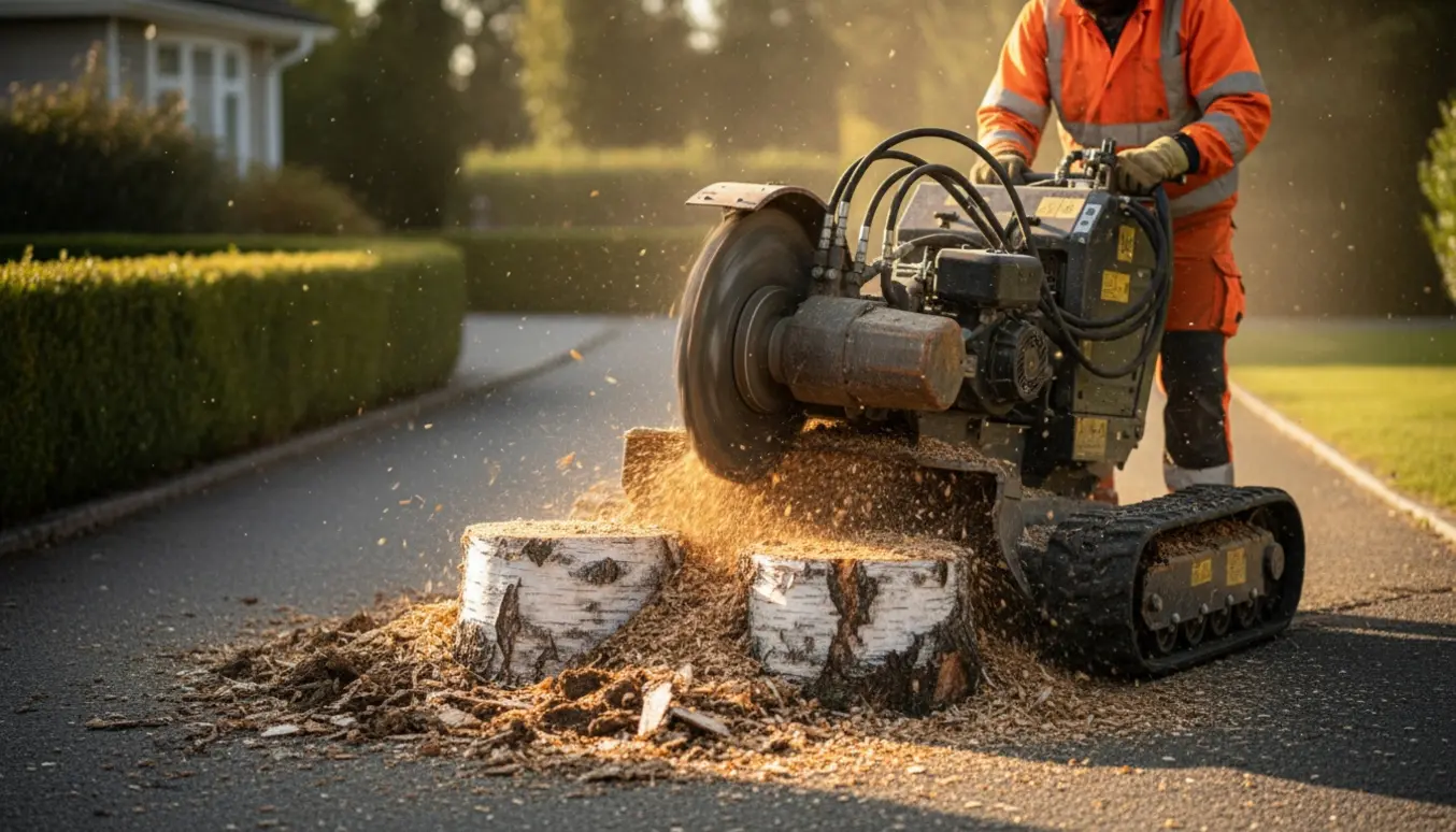 En rodfræser fjerner rødder fra to store birkestød ved siden af en smal indkørsel med træflis omkring.