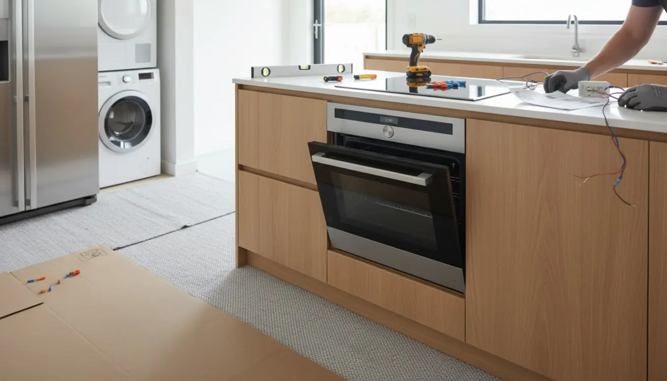 Installatør monterer indbyggede og fritstående hvidevarer i et nyt køkken med ovn og nedsænket kogeplade.