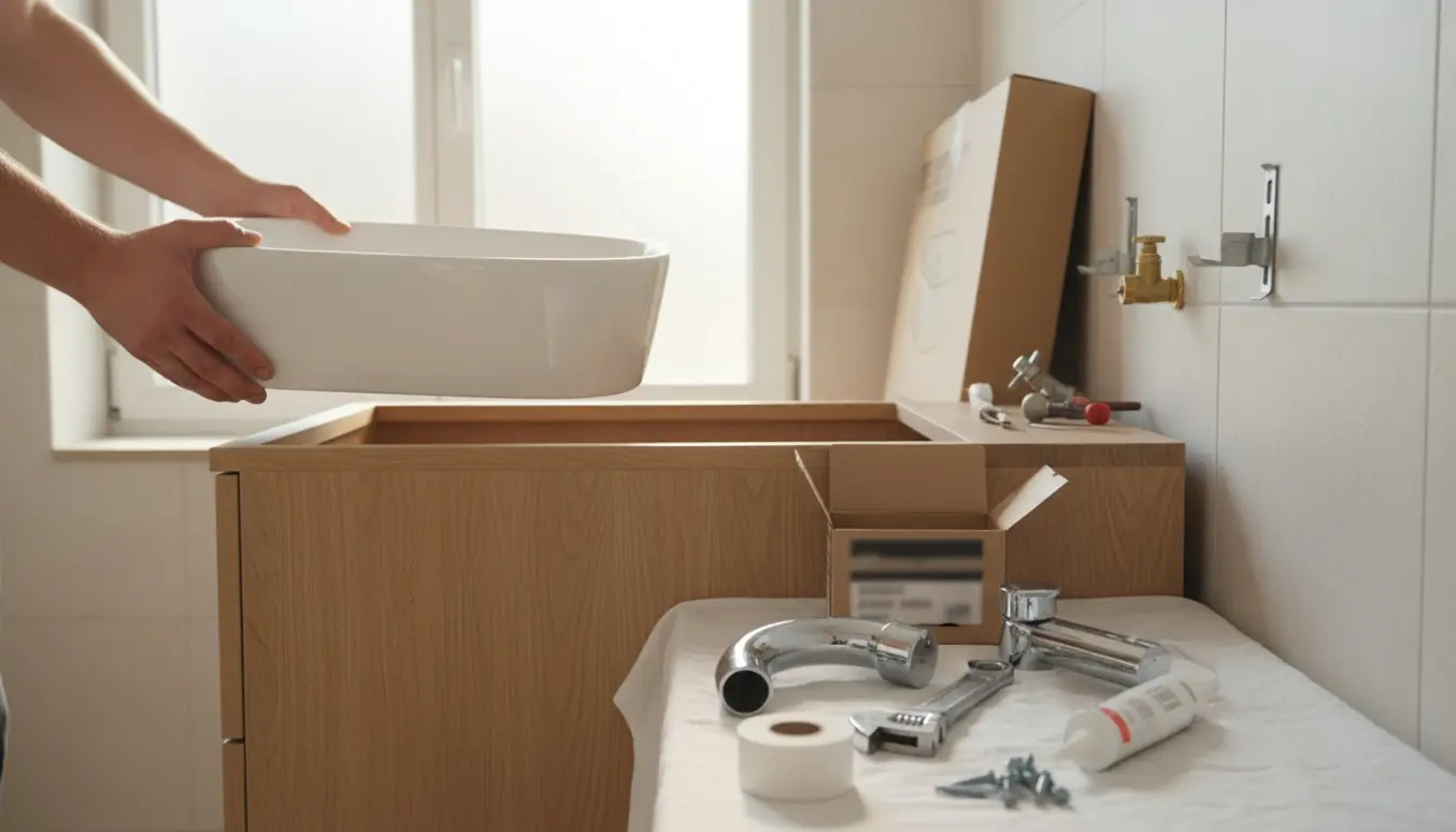 Håndværker løfter en ny hvid håndvask over et lyst trævaskeskab foran en buet flisevæg med værktøj og afløbsdele klar.