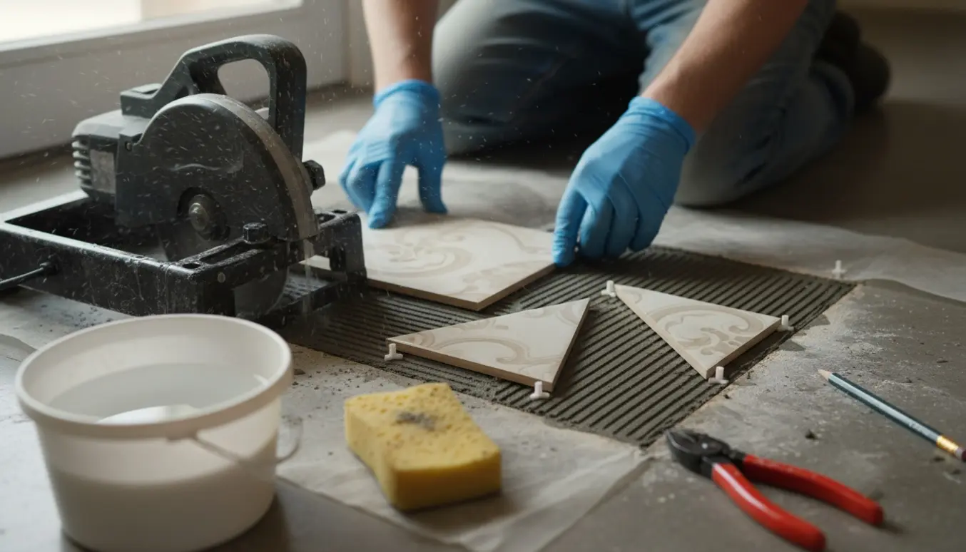 Nærbillede af hænder, der tilskærer og sætter tre fliser i frisk fliselim.