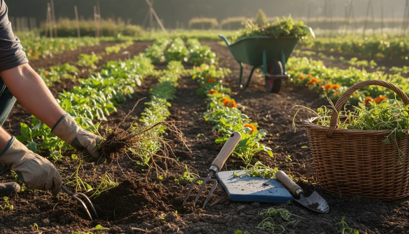 Hænder fjerner ukrudt fra et stort bed med haveredskaber og en trillebør i baggrunden.