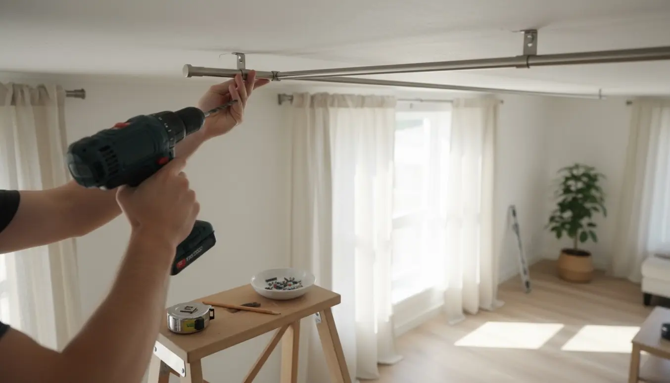 Hænder på en skammel skruer en gardinstang fast i loftet med en boremaskine, mens en anden gardinstang allerede hænger.