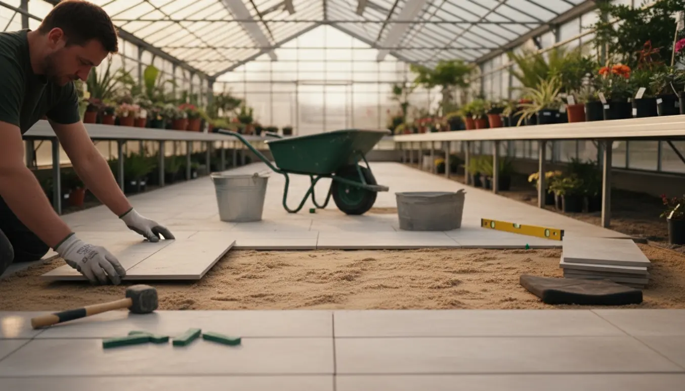 Hænder lægger fliser på sandbund i et lyst drivhus med værktøj og planter i baggrunden.