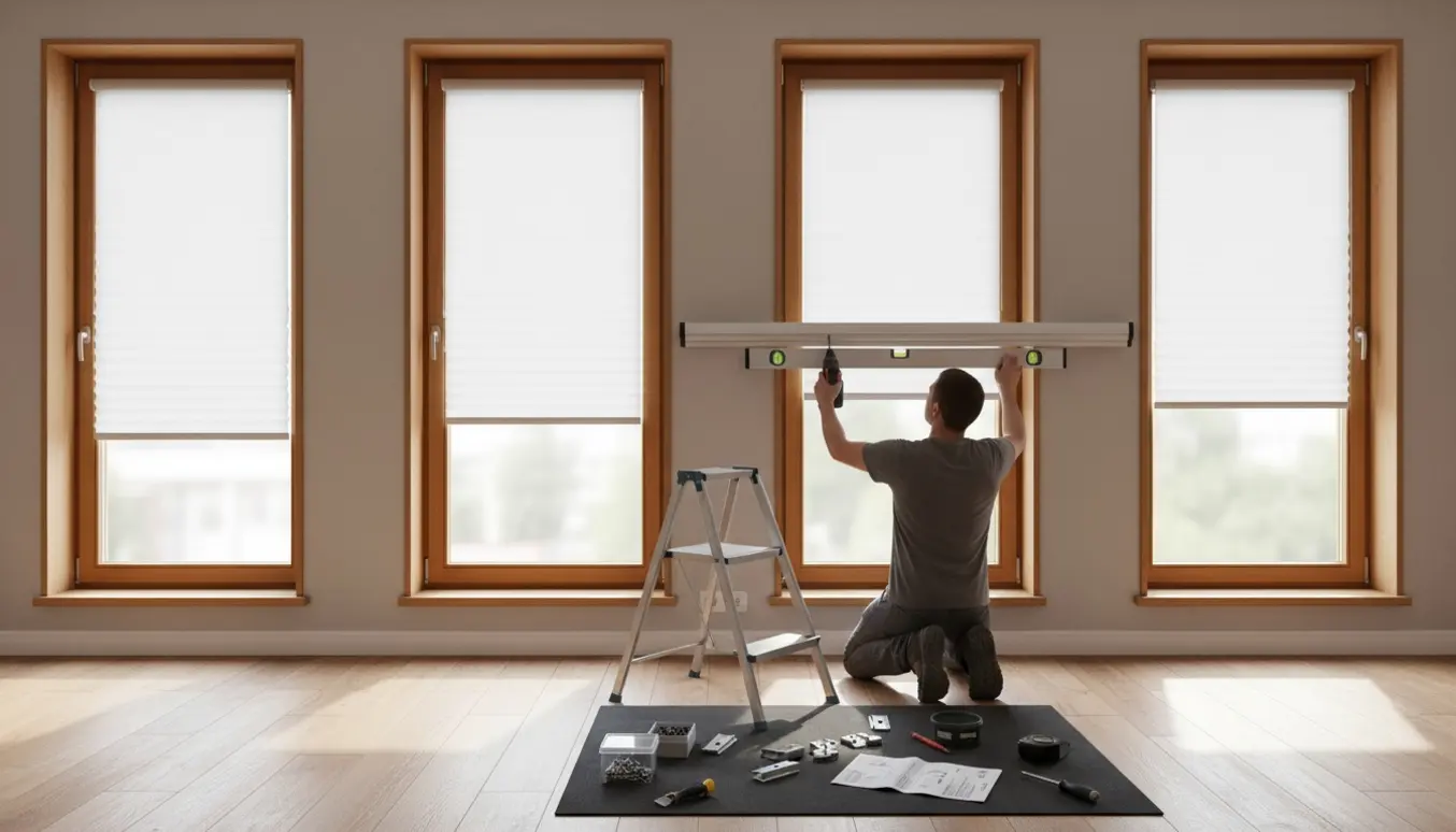 Montage af fire persienner i en lys stue, håndværker justerer beslag med en boremaskine.