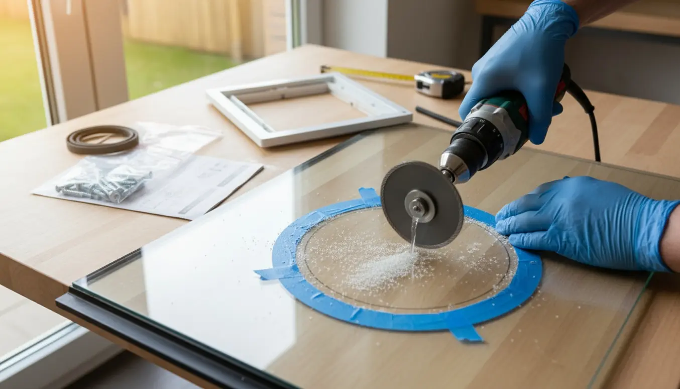 Nærbillede af hænder, der installerer en kattelem i en glasdør med diamantbor og værktøj.