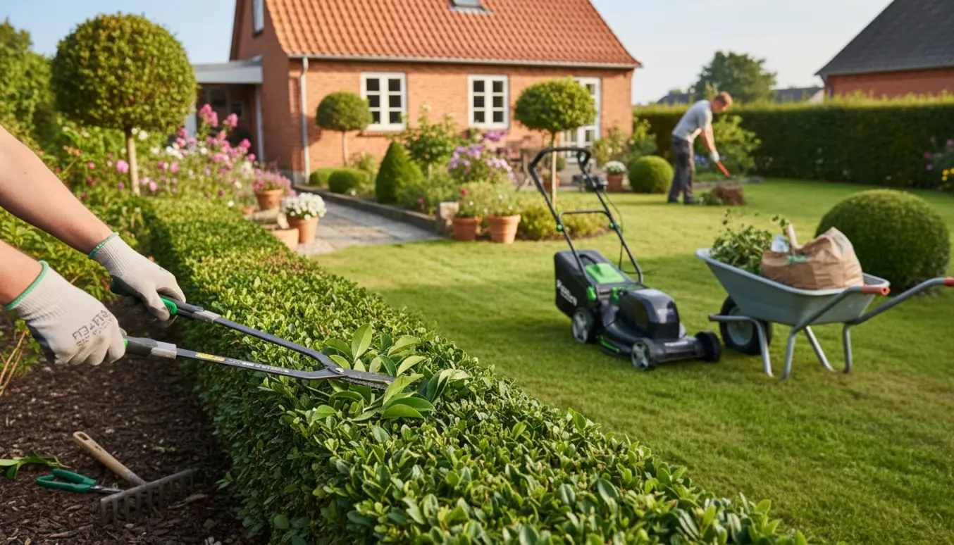 Gloved hænder trimmer hæk og luger bede ved en villa med nyslået græs og samlet haveaffald.