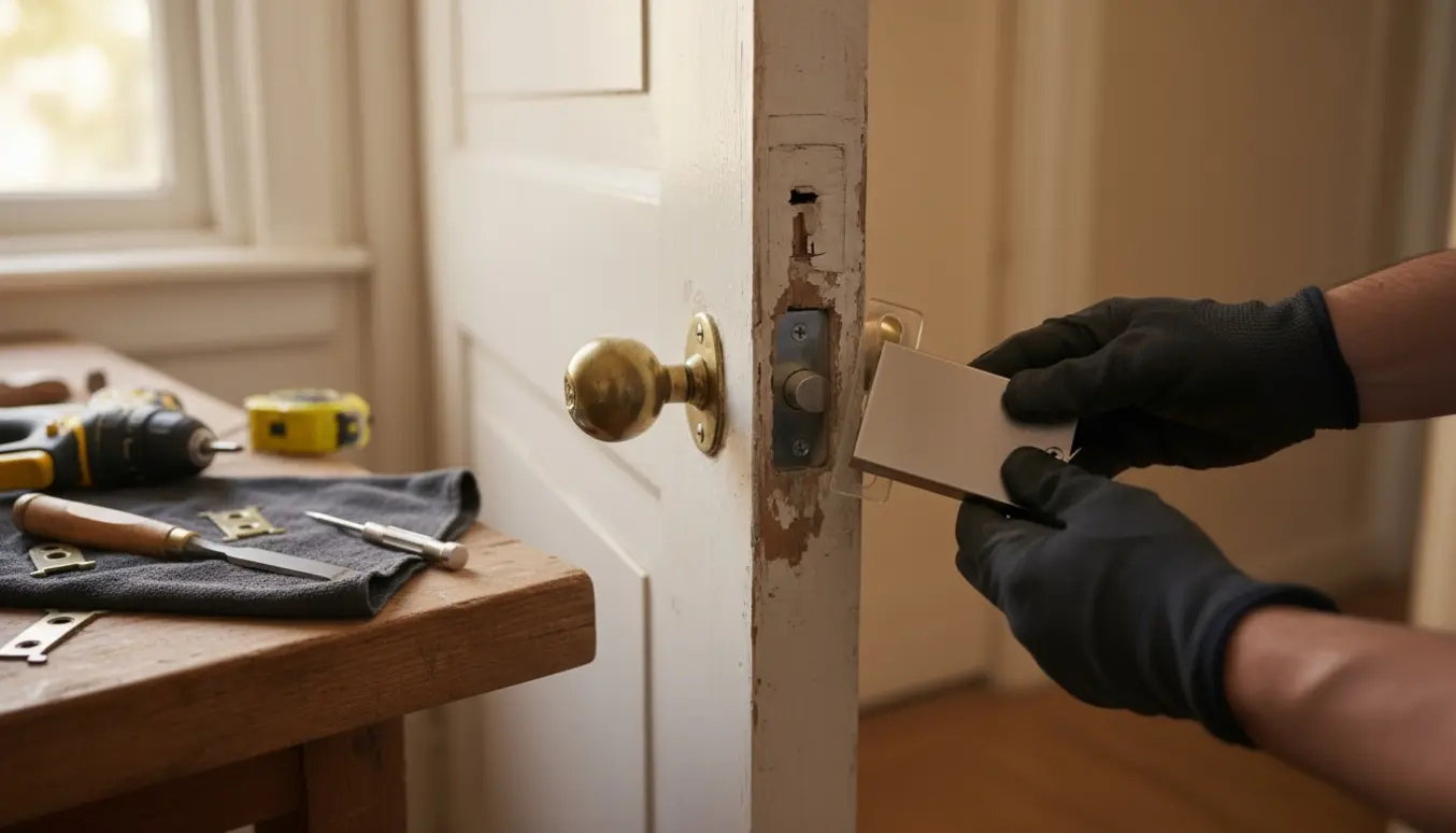 Nærbillede af en ny låsekasse, der omhyggeligt monteres i en gammel trædør af handskeklædte hænder.