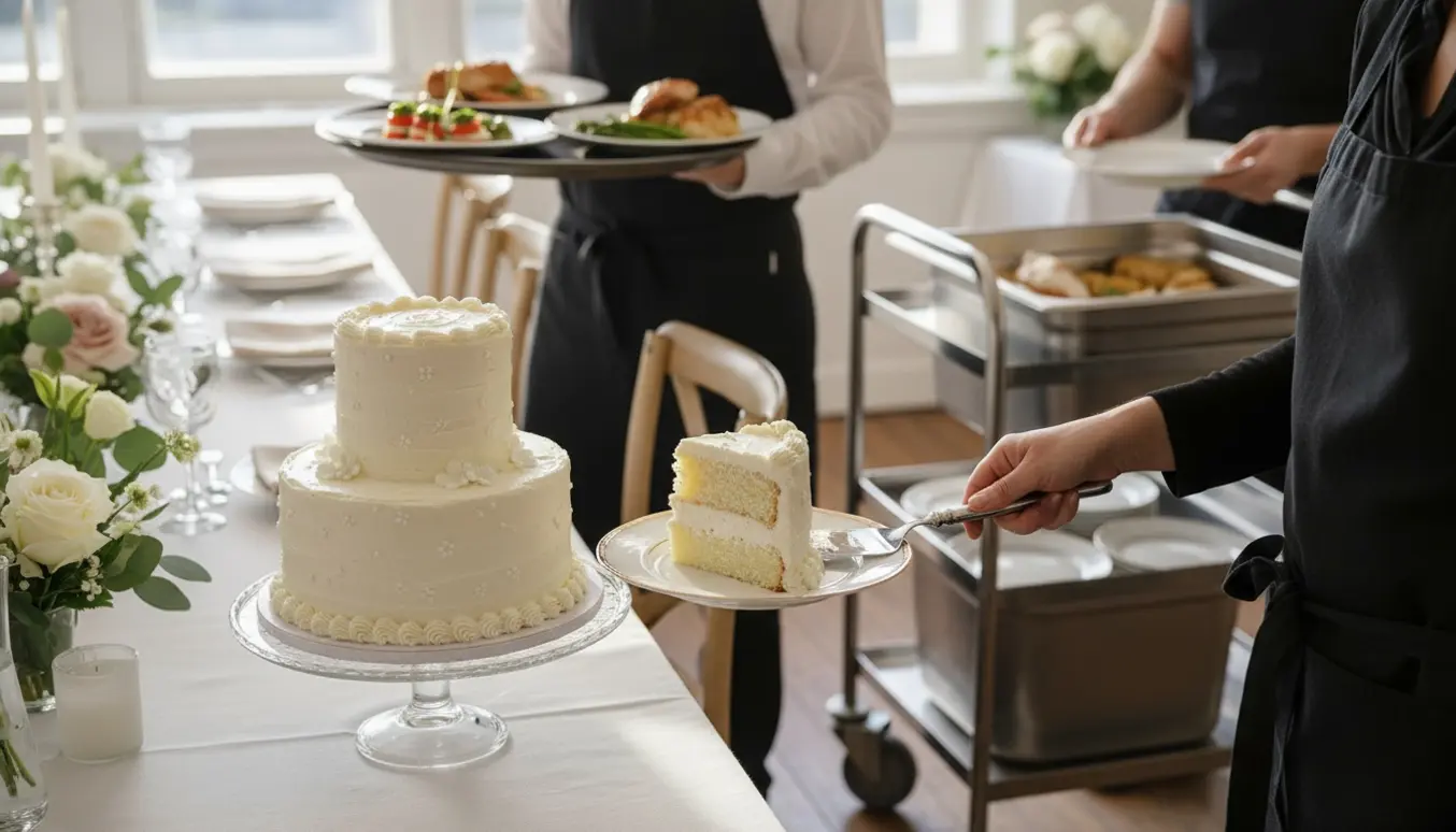 Hænder serverer et stykke dåbskage ved et pyntet bord, mens tjenere rydder service væk.