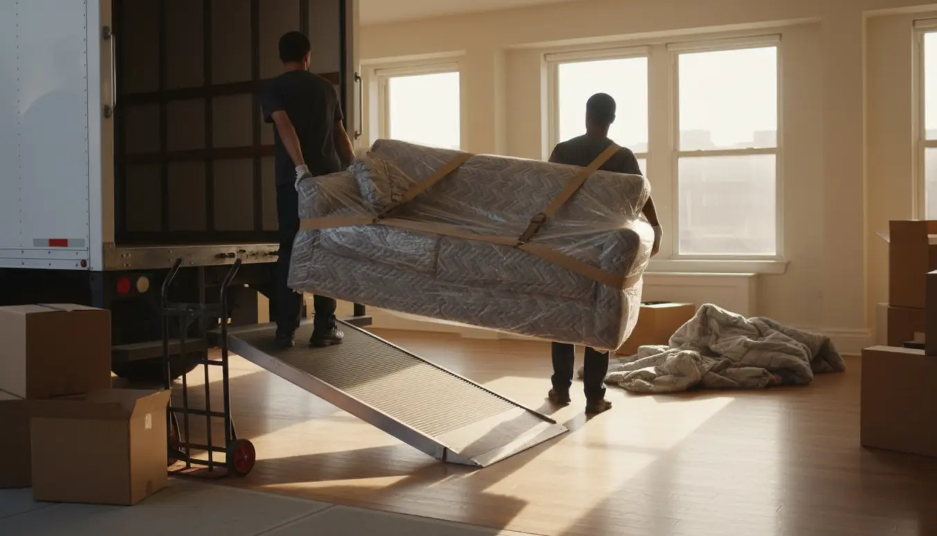 To flyttemænd bærer en indpakket sofa ind i en lys lejlighedsstue fra en åben flyttebil.