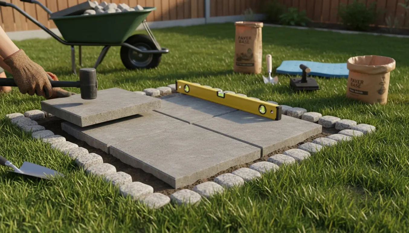 Fire fliser lægges i en græsplæne med brostenskant, værktøj og hænder i arbejde.