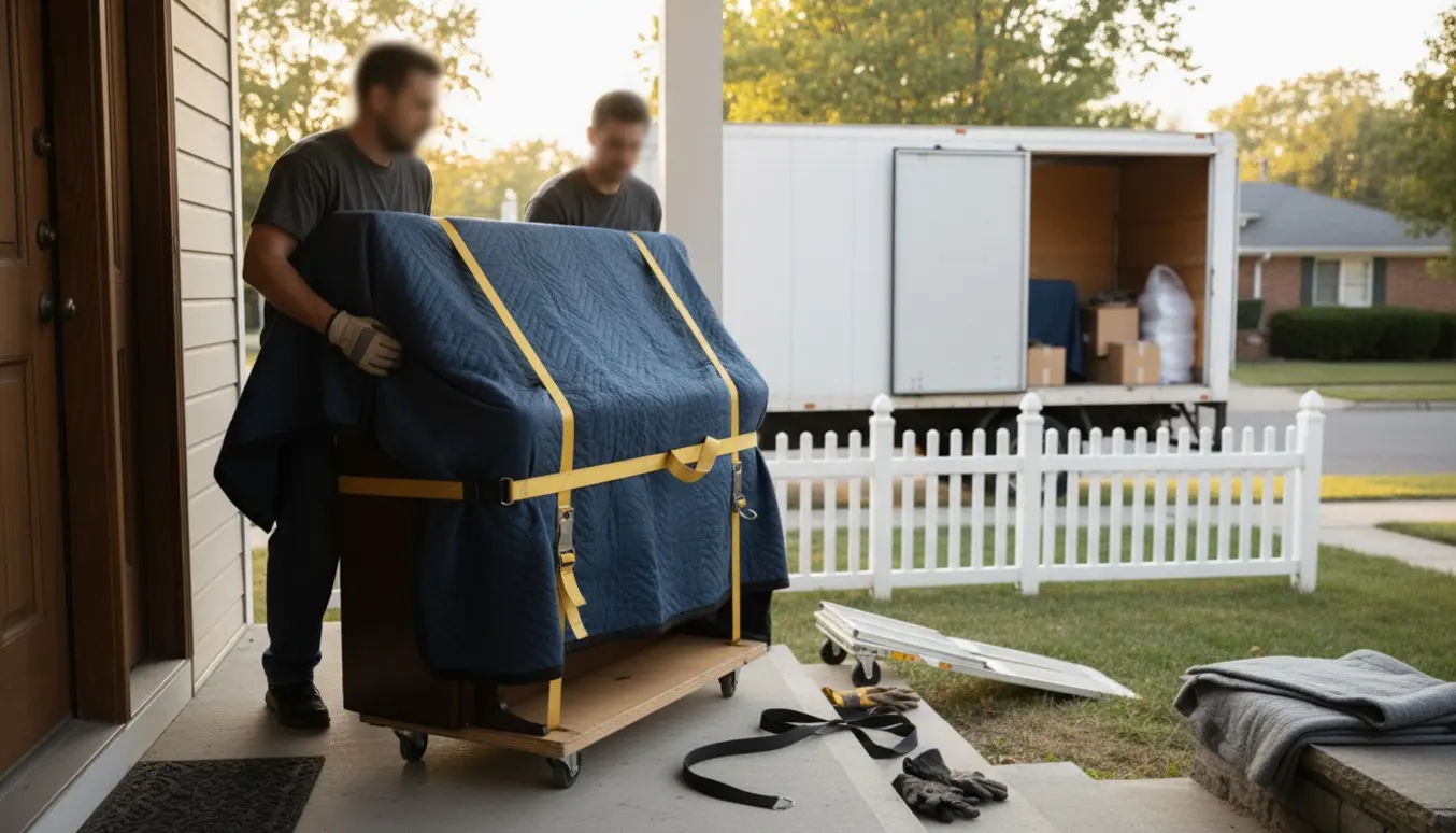 To flyttemænd bærer et indpakket klaver ud af et parcelhus med en ubemærket flyttebil i baggrunden.