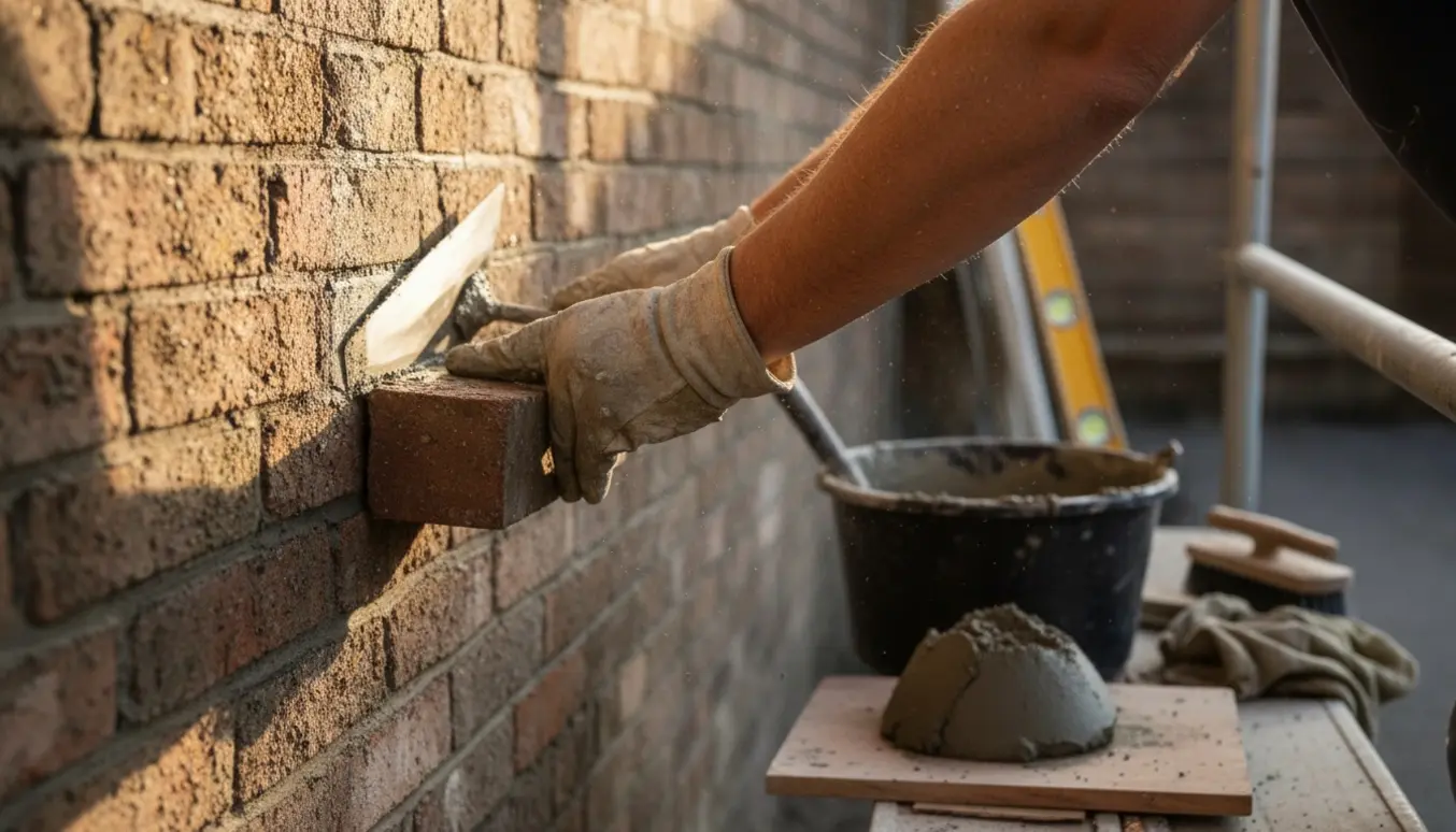 Nærbillede af murerens hænder, der påfører mørtel og sætter nye mursten på en væg i blødt naturligt lys.
