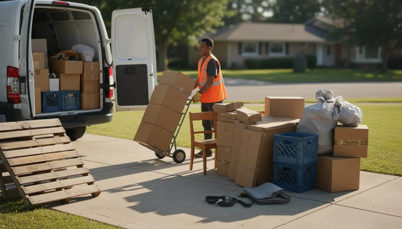 Lastning af pap og diverse effekter ved en åben varevogn med tre paller i indkørslen.