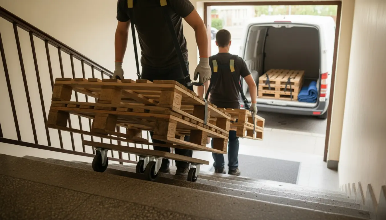 To personer bærer to trælpaller ned ad en opgang og læsser dem ind i en åben varevogn.